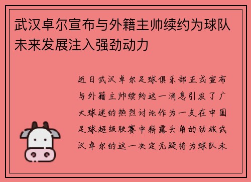 武汉卓尔宣布与外籍主帅续约为球队未来发展注入强劲动力